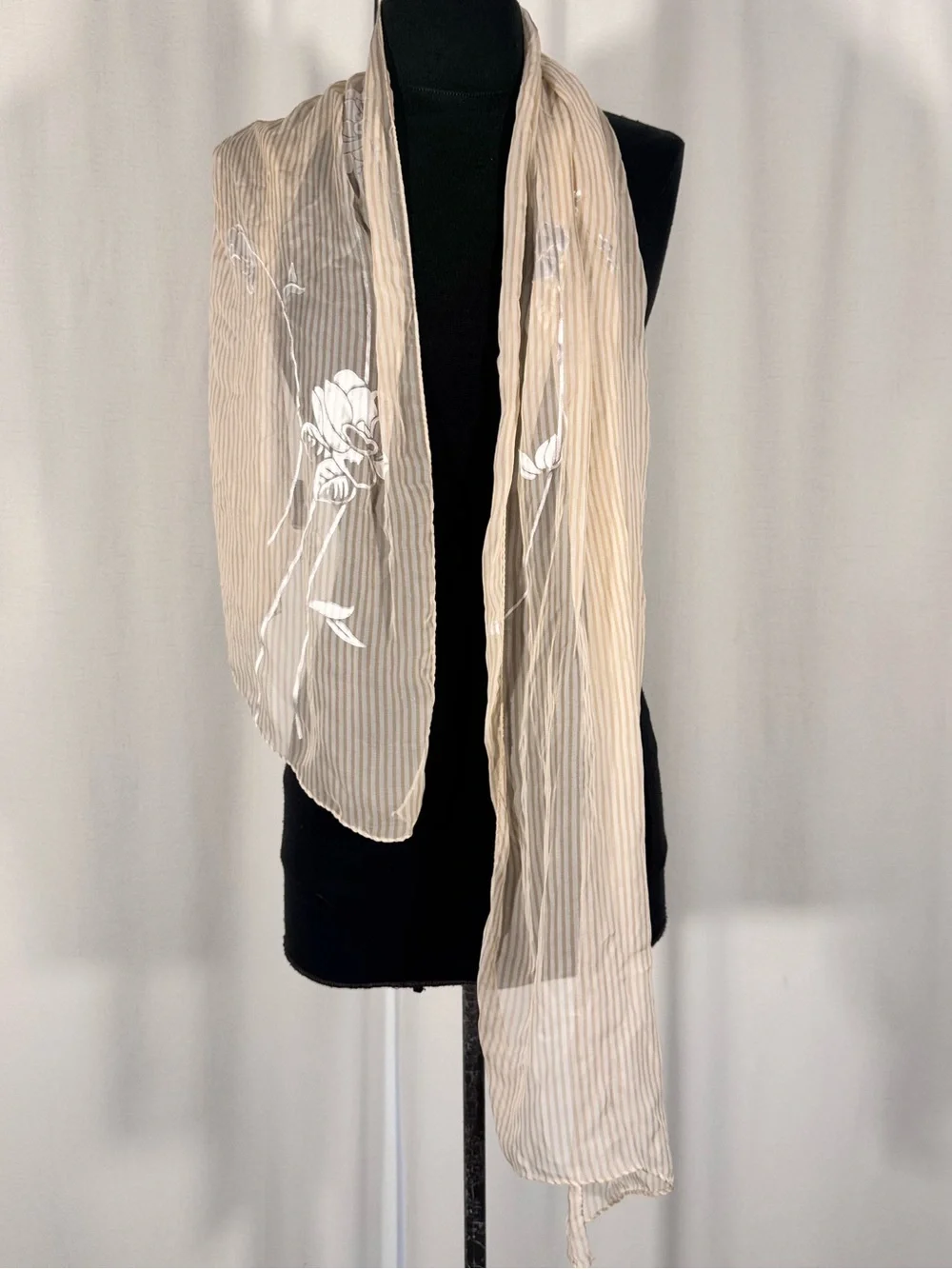 Vintage Worth Silk Blend Ivory Stripe Floral Scarf